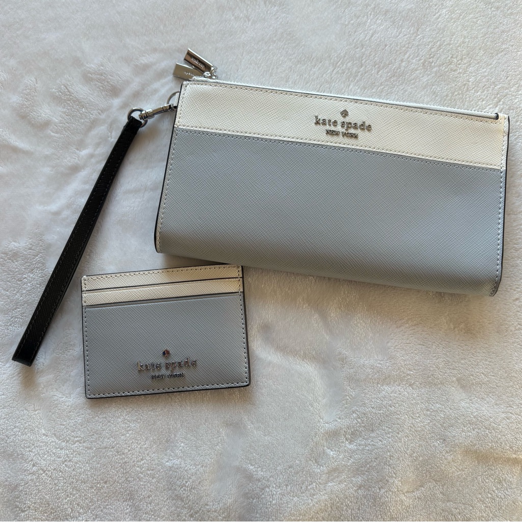 Kate Spade Set Madison Double Zip Wristlet + Small Slim Card Holder Grey/Ivory